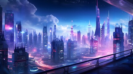 Wall Mural - Futuristic city at night, 3d rendering. Computer digital drawing.