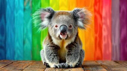 Wall Mural -   A koala perched on a wooden table, gazing at a vibrant rainbow wall