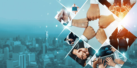 Wall Mural - Teamwork and human resources HR management technology concept in corporate business with people group networking to support partnership, trust, teamwork and unity of coworkers in office kudos