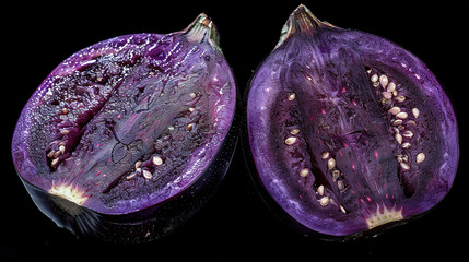 Sticker -   A close-up of a purple eggplant cut in half, featuring water droplets on its inner surface