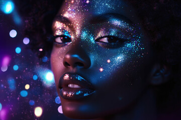 Close-up of a young woman with vibrant glittery makeup, illuminated by colorful lights, showcasing a futuristic beauty look