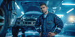 © SnowElf - Car mechanic worker in uniform standing under the car in garage room, repairing and fixing automobile vehicle parts. Technician service and maintenance