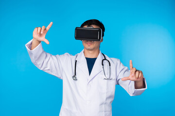 Smart doctor wearing VR headset connecting metaverse selecting zoom in out medicine detail isolated blue background futuristic technology hologram virtual reality intelligent meta world. Contrivance.