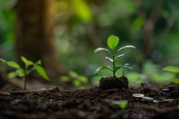 A single green sprout emerges from the rich soil, surrounded by coins, signifying growth and prosperity.