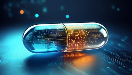 Wall Mural - Futuristic depiction of a smart pill, with a transparent casing showing microchips and sensors inside.
