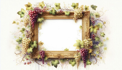 Wall Mural - Frame decorated with grapes and vines. Copy space for invitation or congratulations