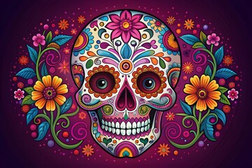 Wall Mural - Day of the dead skull round badge, or sticker, Dia de los Muertos decorative illustration