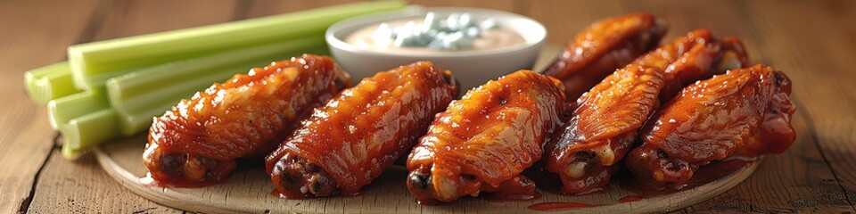 Wall Mural - Delicious BBQ Chicken Wings with Celery Sticks and Blue Cheese Dip on a Wooden Platter - Perfect Game Day Snack or Party Food