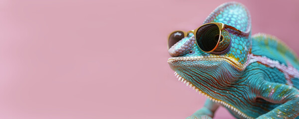 Poster - Chameleon with sunglasses isolated Pink background banner