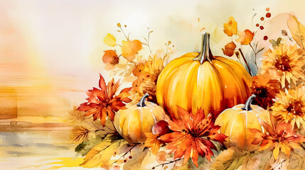 A painting of three pumpkins and leaves with a white background.