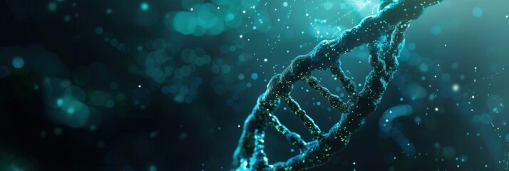 Poster - A vibrant double helix structure of DNA elegantly swirls in a luminous abstract environment filled with glowing particles. Generative AI