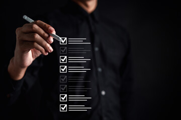 Leinwandbilder - Online survey filling out and digital form checklist by laptop computer, Document Management Checking System, online documentation database and process manage files.