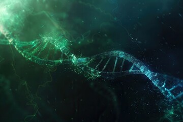 Poster - A striking abstract background showcases a vibrant blue and green double helix DNA structure, representing the essence of genetic material and biotechnology. Generative AI