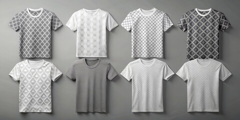 Poster - Geometric Pattern T-Shirt Mockups - Front View, 8 Designs, Grey Background, T-shirt Mockup, T-Shirt Design, Geometric Patterns