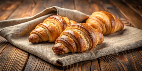 Wall Mural - Golden Croissants on Rustic Linen, Croissant, Bakery, Food Photography, Breakfast ,