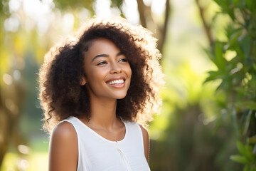 Poster - beautiful African American female model smiling looking into the camera on clear background, portrait of a woman smiling