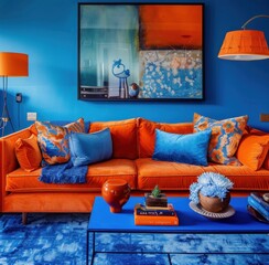 Wall Mural - Chic living room with a bold orange tufted sofa set against deep blue walls, complemented by a blue coffee table and vibrant decorative elements.