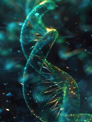 Poster - An intricate double helix structure of DNA is depicted against a vibrant abstract background, showcasing dynamic colors and details of genetic composition. Generative AI