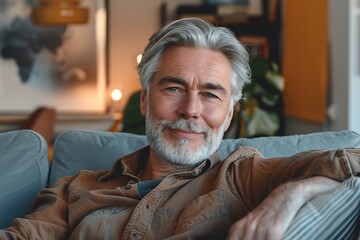 Portrait of mature man with grey hair sitting on sofa at home