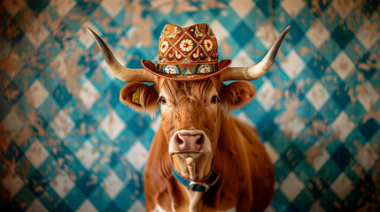 Wall Mural - a cow wearing a bavarian traditional costume for the oktoberfest