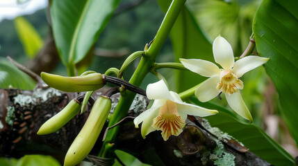 Canvas Print - vanilla beans and flowers on vanilla plant on tree	