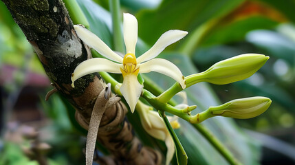 Canvas Print - vanilla beans and flowers on vanilla plant on tree	