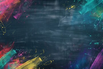 Poster - Colorful brushstrokes adorn a dark green chalkboard, showcasing creativity and artistic expression in a lively classroom environment. Generative AI