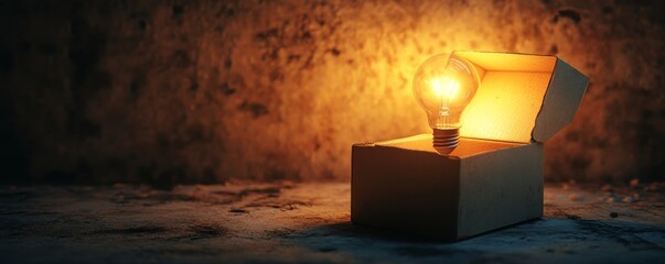 Illuminated light bulb in an open cardboard box on a textured surface, creative concept