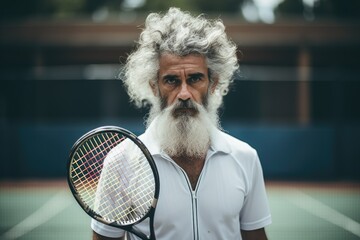 A man with gray hair holds a tennis racket against the background of a court. old man. athlete. sport. big tennis