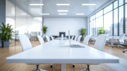 Canvas Print - Modern Meeting Room with Laptop and White Chairs