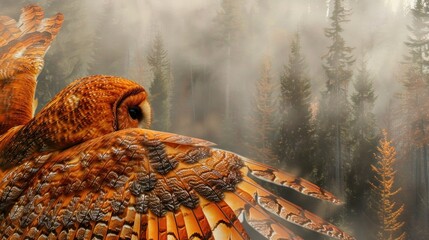 close-up of a striking owl's feathers with a foggy forest backdrop