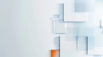 Wall Mural - Minimalist Business Web Banner Header with Grey Border, Orange Squares, and Blue Checkered Patterns on White Background. Flat Color Blocks and Copy Space for Text