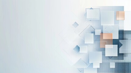 Wall Mural - Minimalist Business Web Banner Header with Grey Border, Orange Squares, and Blue Checkered Patterns on White Background. Flat Color Blocks and Copy Space for Text