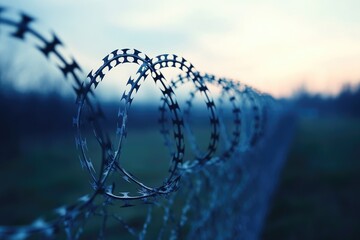 Barbed wire fence creating a secure border line under blue sky