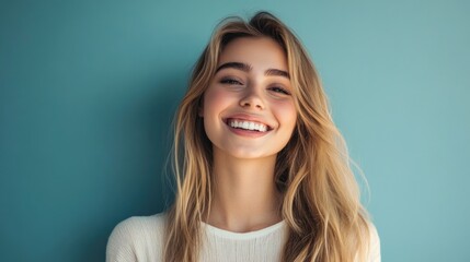 Poster - Smiling Woman with Blonde Hair Against a Blue Background