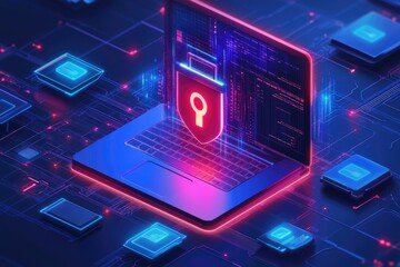 Poster - Red wifi padlock protecting motherboard from cyber security threats