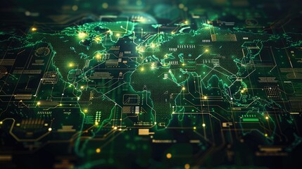 Poster - World map digital tech circuit board background