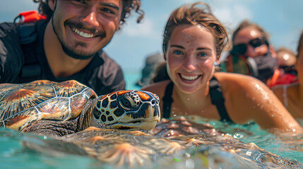 Marine biologists tagging and releasing a rescued sea turtle into the ocean, sunny day