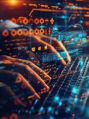 Leinwandbilder - A hacker focuses intently while typing on a keyboard, surrounded by glowing codes and digital symbols, creating an atmosphere of high-tech espionage. Generative AI