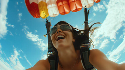 Happy smiling young woman jump with parachute, blue sky behind. Extreme sport adventure in the sky, freedom flying in air hobby, falling, summer fun, adrenaline