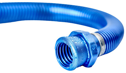 Blue water hose isolated on transparent background. Garden plant watering flexible nozzle equipment tool, rubber texture, pressure, agriculture, home, summer