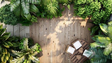 Top view wooden terrace with tropical style green garden backyard