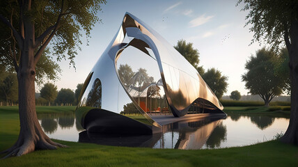 Magic village, innovative mirror metal house with smooth wavy design, garden and home area design,