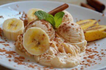 Wall Mural - Indulging in a creamy banana ice cream dessert, topped with fresh mint and a sprinkle of cinnamon