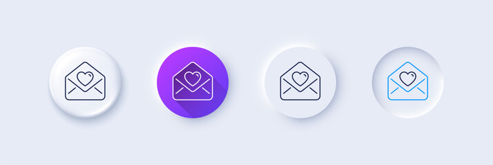 Wall Mural - Love letter line icon. Neumorphic, Purple gradient, 3d pin buttons. Heart mail sign. Valentine day symbol. Line icons. Neumorphic buttons with outline signs. Vector