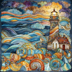 Wall Mural - A colorful, Lighthouse and shells, seascape. Adult coloring book page in zentangle style and painted in watercolor. Ink illustration.	
