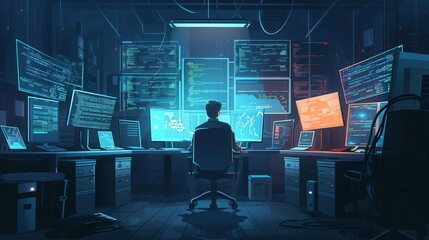 Fototapete - A hacker focuses intently on his work, monitoring data and coding across various glowing computer screens in a darkened room. Generative AI