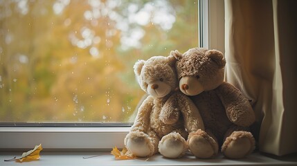 Two embracing teddy bear toys sitting on window sill