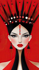 Sticker - Stylized Woman with Red Background and Ornate Headpiece