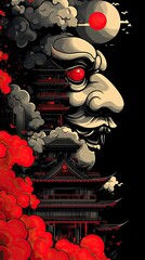 Wall Mural - Mysterious Portrait with Japanese Architecture and Clouds